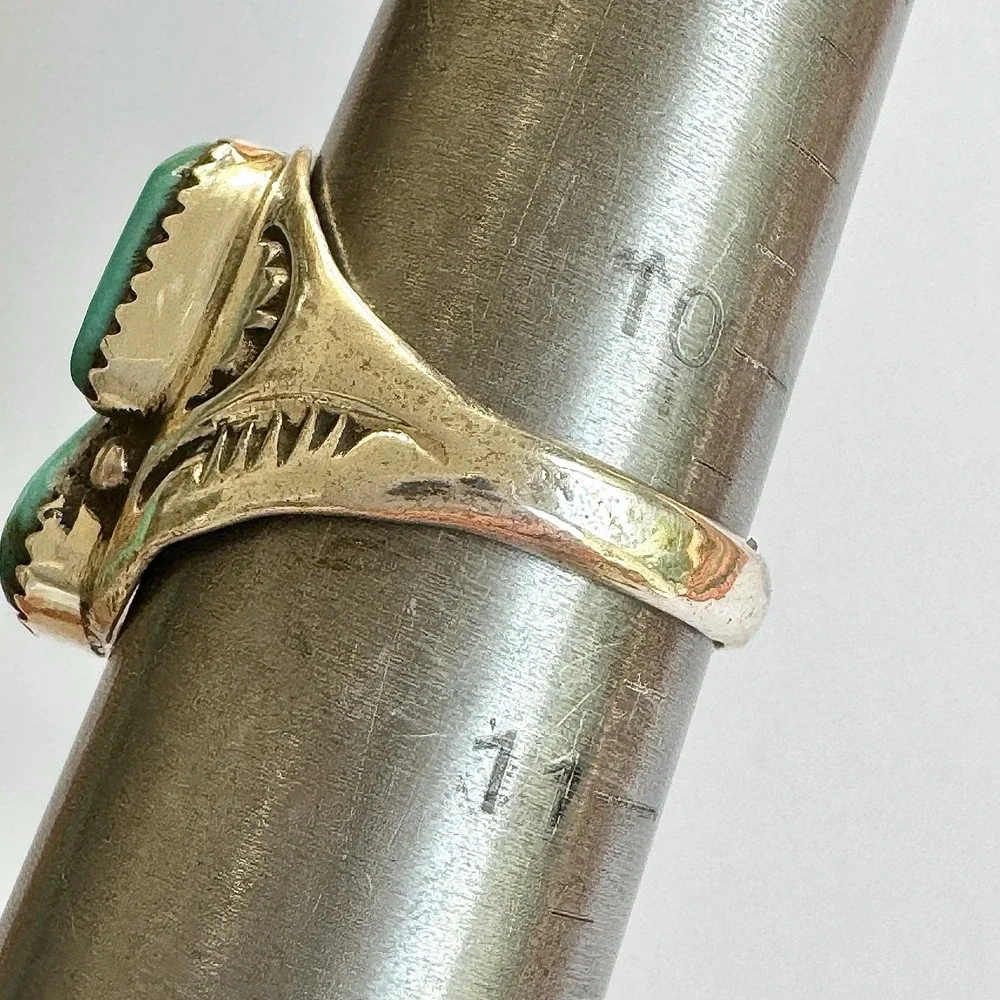 Mens Turquoise Navajo Band Sz 10.5 Two Stone Ring 21mm Signed ML Handmade Native